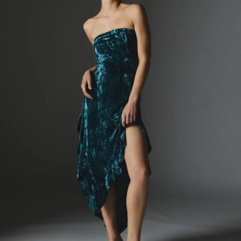 Silence + Noise Luna Velvet Midi Dress High Slit Strapless Flowy Size XS NWT